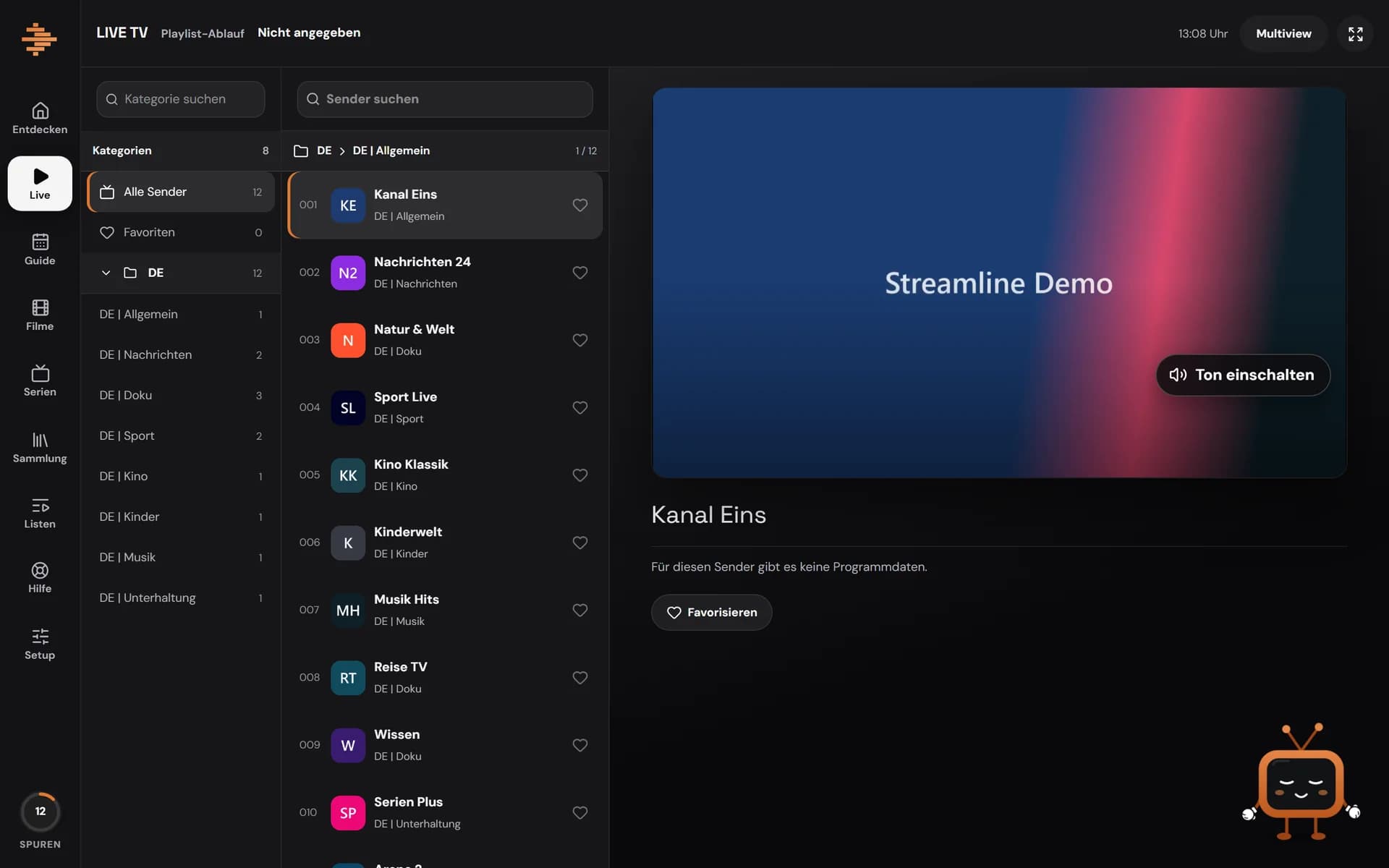 Live-TV-Ansicht mit Senderliste und Player